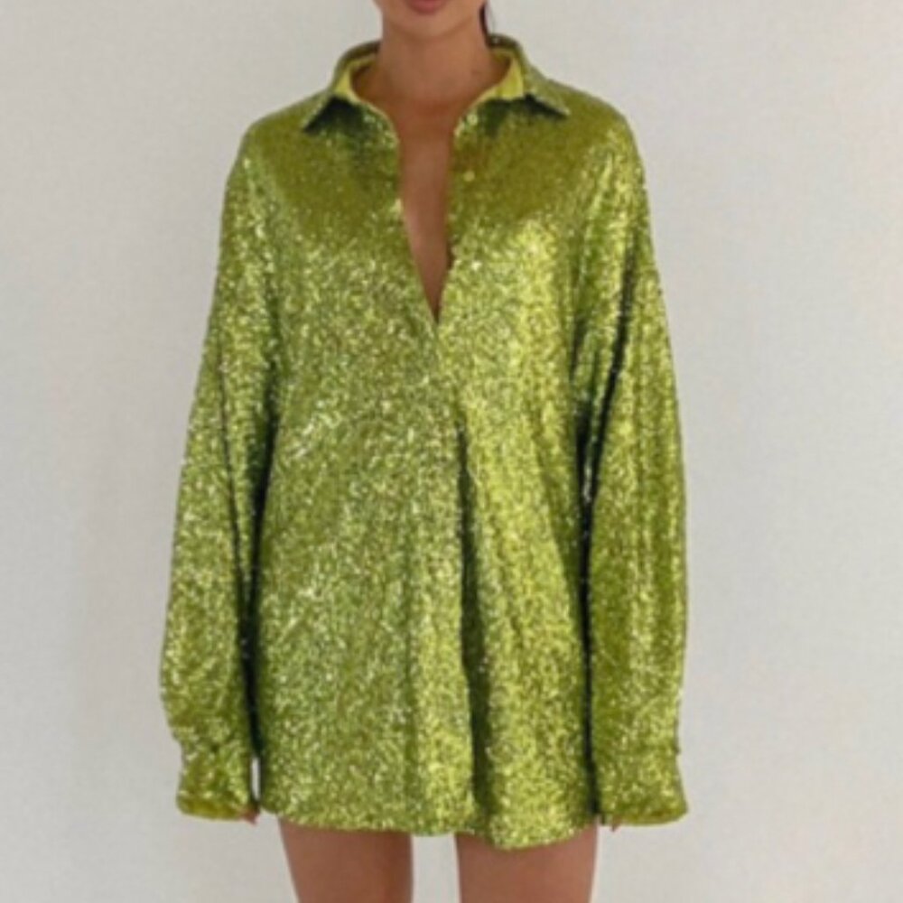 SLA The Label Green Ibiza Sequin Shirt Dress